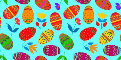 abstract braight color seamless Easter pattern colorful decorated eggs spring flowers on blue background festive design for wrapping, fabric, cards, web background vector