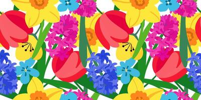 spring flowers isolated seamless pattern floral design bright daffodils hyacinths tulips crocuses background for web design wallpaper textile postcards vector