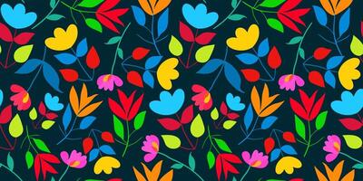 seamless pattern with abstract bright minimalist flowers on dark background, modern floral illustration for textile, wallpaper, wrapping paper, surface design vector