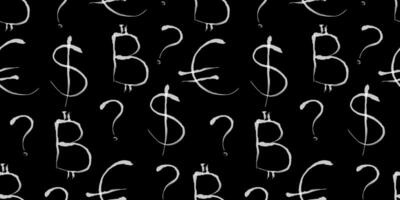 chalk dollar euro bitcoin question mark seamless design with currency symbols on black board for web design decor vector