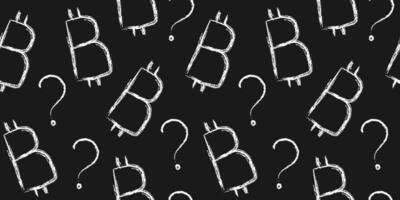 chalk bitcoin question pattern seamless design with crypto currency symbol and query sign on blackboard. hand-drawn financial background vector