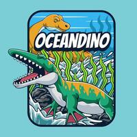 Playful cartoon illustration of an oceanic dinosaur in a vibrant underwater scene, featuring seaweed, waves, and a curious dino in the background. Ideal for kids and dino fans vector