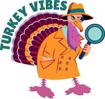 Flat sticker showing thanksgiving bird with turkey vibes typography vector