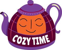 A flat style sticker showing a teapot with cozy time typography vector