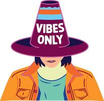 A character wearing a cap written vibes only, flat sticker vector