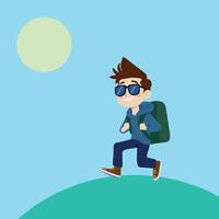 Cheerful guy in sunglasses and with backpack on blue background, tourist, flat style vector