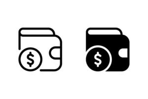 wallet with dollar coin icon set. Represents finance, money, payment, savings, and digital currency. Ideal for business, e commerce, and financial technology visuals vector