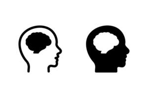 brain inside a human head icon set. Represents intelligence, idea, thought, memory, and cognitive function. Simple black and white icon suitable for various design purposes vector
