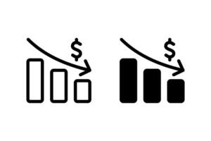 Bar graph with a downward trend and dollar sign, representing financial loss, economic downturn, or decrease in profit. Isolated on white background vector