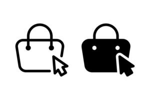 shopping bag icon with a cursor pointing. Represents online shopping, ecommerce, and digital purchasing. Clean line art design suitable for web and print use vector