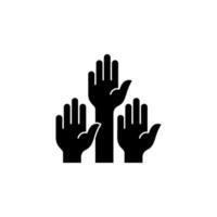 icon of three hands raised in the air. Represents concepts such as volunteering, voting, participation, support, or collaboration vector