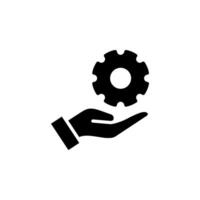 Gear in hand icon. Represents concepts like support, solution, engineering, technology, settings, customization, maintenance, and more vector