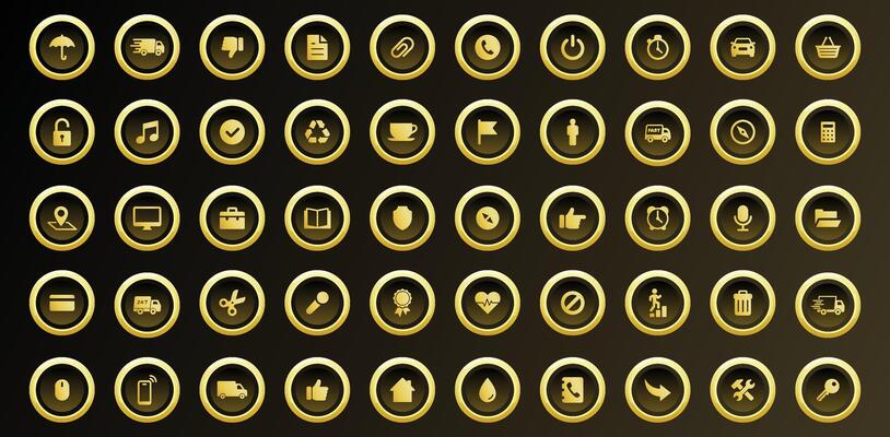 Golden Business and UI Icon Set Featuring Security Communication Multimedia Navigation Personal and E-commerce Elements in Elegant Luxury Gold Style for Web Interface and App Design Projects