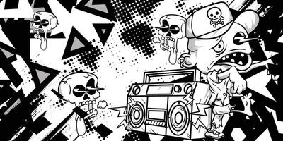 Black and white abstract background with zombie and skull objects vector