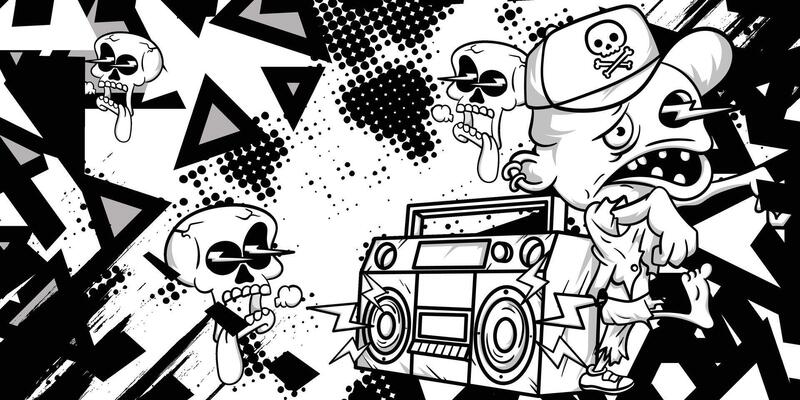 Black and white abstract background with zombie and skull objects