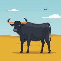 Bull flat illustration. A big black bull stands against the background of a field. Minimalistic modern style vector