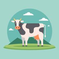 Cow flat illustration. A cow stands against the background of a green field. Minimalistic modern style vector