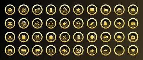 Golden Flat Icon Set for Modern Web Mobile App UI Featuring Medical Food Security Social Media Communication and Data Elements in Minimal Premium Style with Glossy Metallic Effects vector