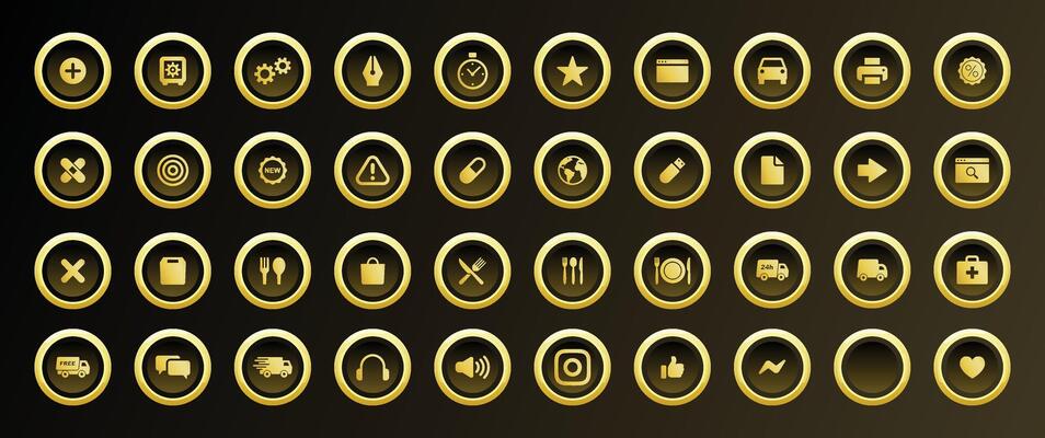 Golden Flat Icon Set for Modern Web Mobile App UI Featuring Medical Food Security Social Media Communication and Data Elements in Minimal Premium Style with Glossy Metallic Effects