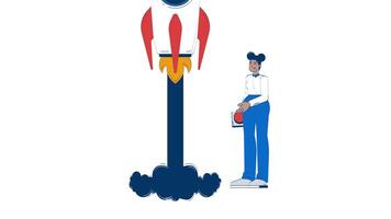 Female entrepreneur launching MVP startup rocket doodle animation. Start-up founder pressing button minimum viable product animated 2D flat cartoon concept, white background. 4K motion graphic video