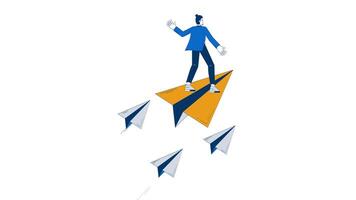 Visionary leader flying forward on paper plane doodle animation. Business navigation. Strategic direction man moving ahead animated 2D flat cartoon concept, white background. 4K motion graphic video