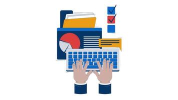 Business task management doodle animation. Project manager hands typing on keyboard, charts check boxes productivity animated 2D flat cartoon concept, white background. 4K motion graphic video