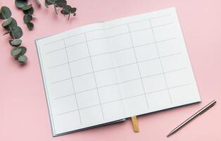 Open notebook showing blank pages with pen and eucalyptus leaves on pink background photo