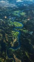 Aerial View of Winding River Through Lush Landscape photo