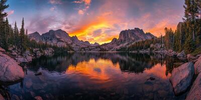 Panoramic Sunset Reflection Over Mountain Lake photo