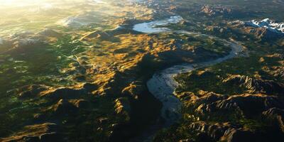 Aerial Landscape View with River and Mountains photo