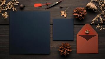 A desk with a black notebook, envelope and other items photo