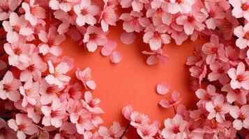 A heart shaped frame made of pink flowers on a red background photo