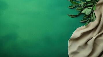 Green background with leaves and fabric photo