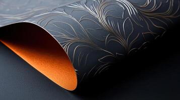 A close up of a black and orange patterned fabric photo