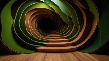 A green tunnel with wooden stairs and a spiral staircase photo