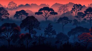 A forest with trees and mountains at sunset photo
