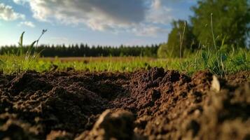 A field with dirt and grass in the background photo