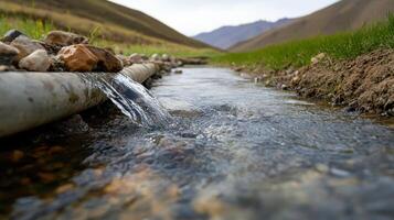 A stream of water flowing through a pipe in the middle of a field photo