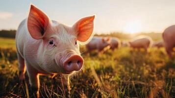 Pig in a field at sunset photo