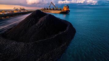 Coal is being loaded onto a ship at sunset photo