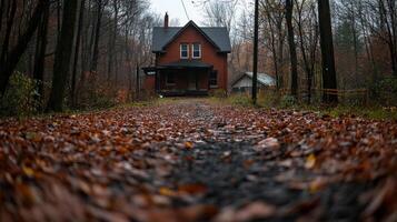 A house in the woods with leaves on the ground photo