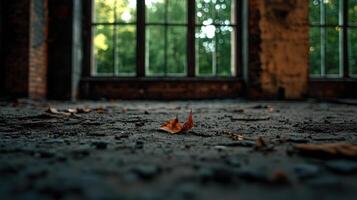A leaf lying on the floor in an abandoned building photo