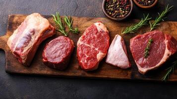 Raw meat on a cutting board with spices and herbs photo