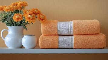 Crisply Folded Towels on Shelf photo