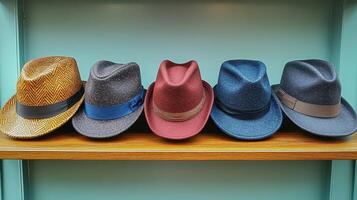 Collection of Stylish Hats on Shelf photo