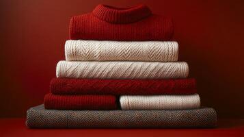 A stack of sweaters on a red background photo