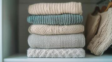 A stack of sweaters in a closet photo