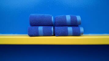 A blue towel on a yellow shelf photo