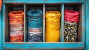 A row of colorful scarves in a wooden box photo