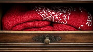 A drawer with a red sweater photo